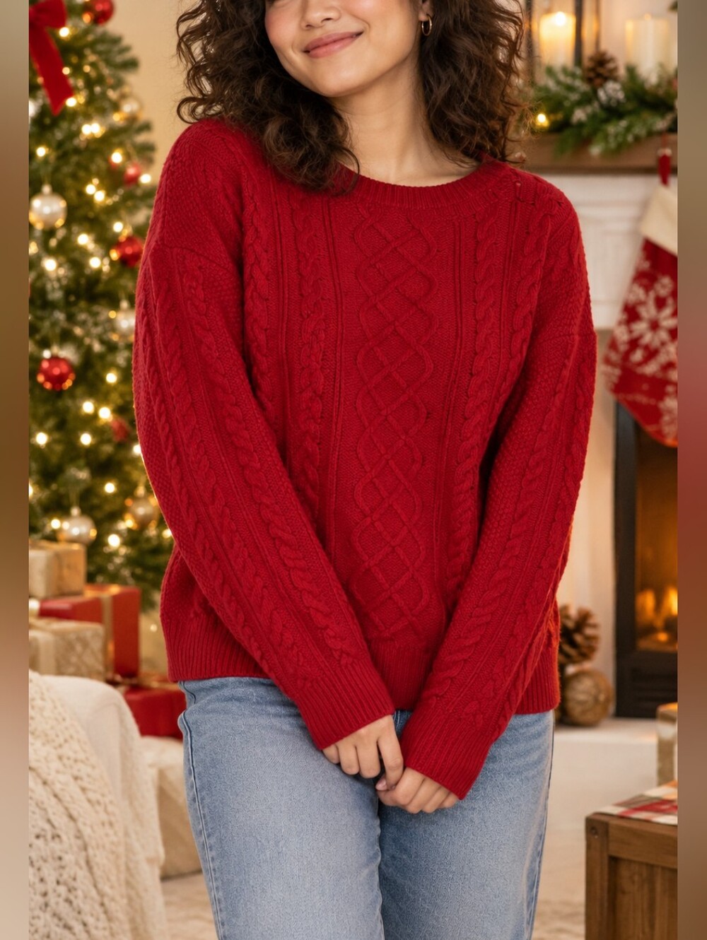 Lauren Ralph Lauren Red Cable Knit Crewneck Sweater Wool Blend Size S